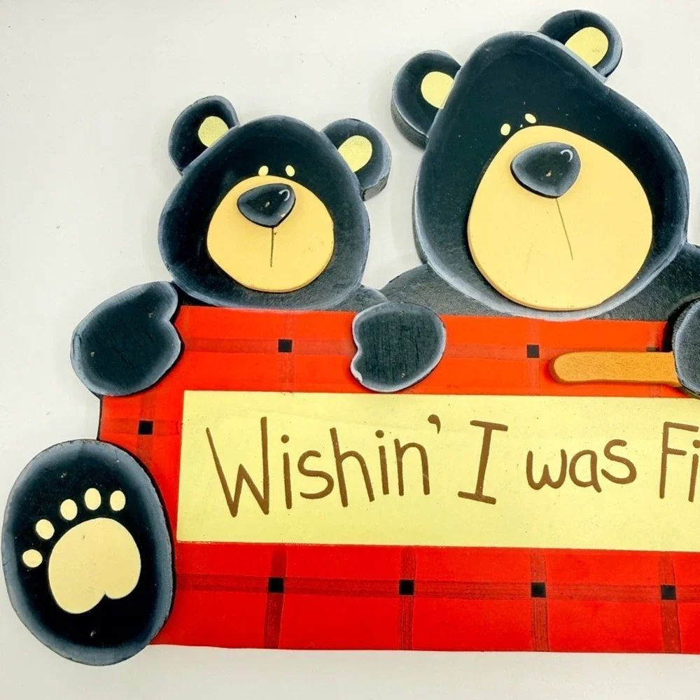 Rustic Wood Black Bear Fishing Wall Decor Wishin I was Fishin Cabin Lodge Sign